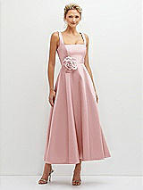 Front View Thumbnail - Ballet Pink Square Neck Satin Midi Dress with Full Skirt & Flower Sash