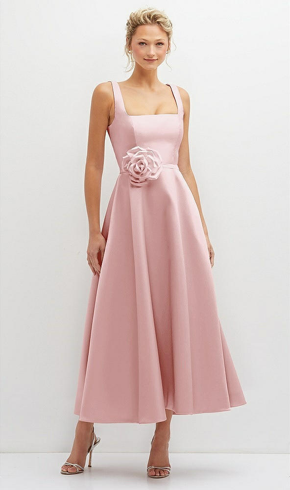 Front View - Ballet Pink Square Neck Satin Midi Dress with Full Skirt & Flower Sash