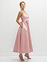 Side View Thumbnail - Ballet Pink Square Neck Satin Midi Dress with Full Skirt & Flower Sash