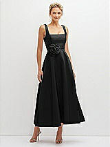 Front View Thumbnail - Black Square Neck Satin Midi Dress with Full Skirt & Flower Sash