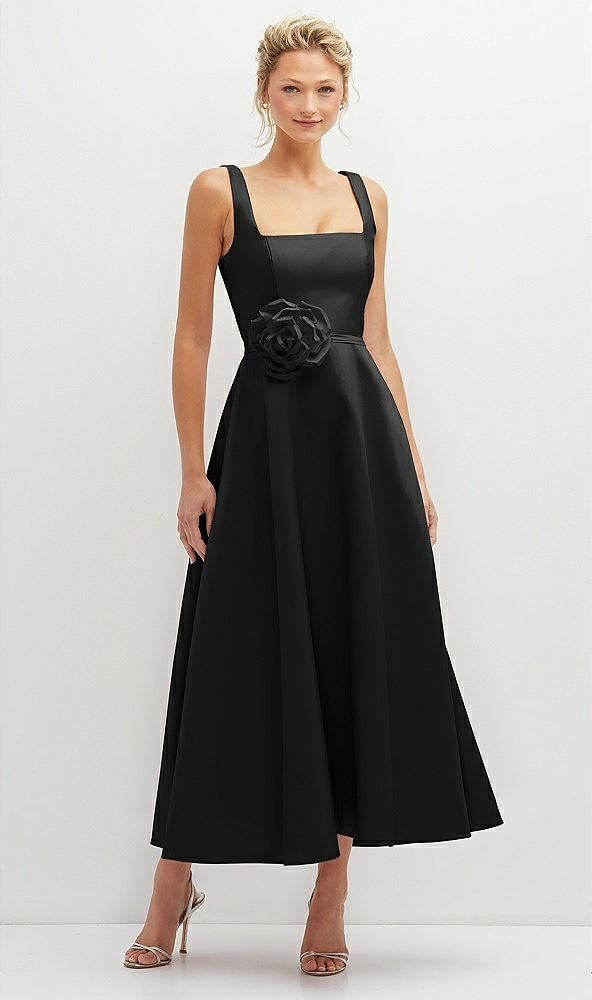 Front View - Black Square Neck Satin Midi Dress with Full Skirt & Flower Sash