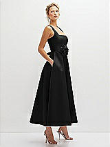 Side View Thumbnail - Black Square Neck Satin Midi Dress with Full Skirt & Flower Sash