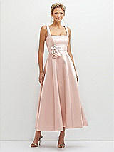 Front View Thumbnail - Blush Square Neck Satin Midi Dress with Full Skirt & Flower Sash