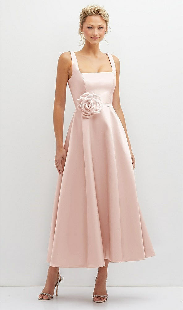 Front View - Blush Square Neck Satin Midi Dress with Full Skirt & Flower Sash