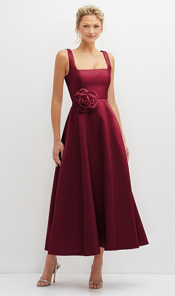 Front View - Burgundy Square Neck Satin Midi Dress with Full Skirt & Flower Sash