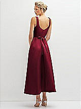 Rear View Thumbnail - Burgundy Square Neck Satin Midi Dress with Full Skirt & Flower Sash