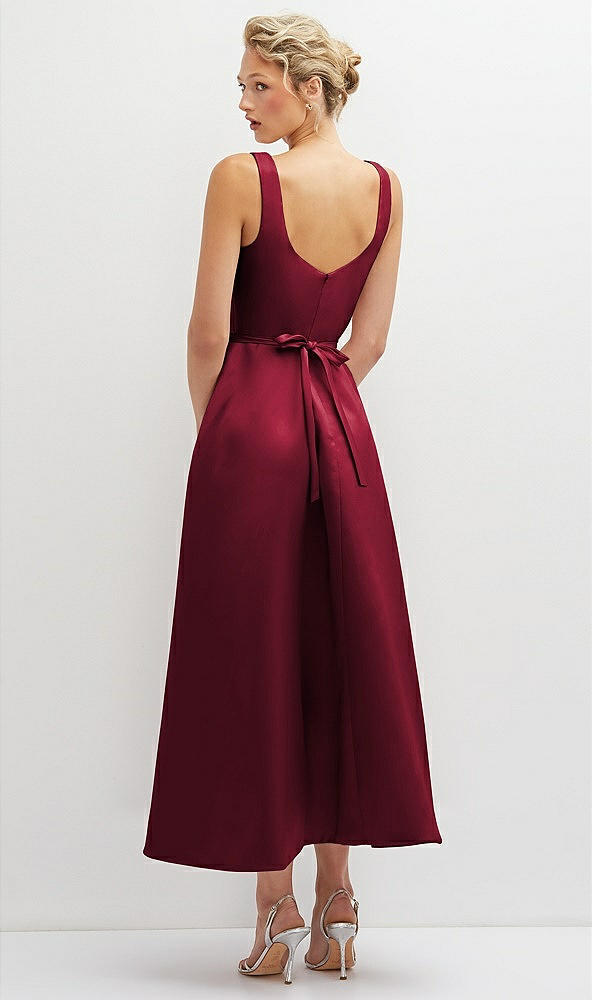 Back View - Burgundy Square Neck Satin Midi Dress with Full Skirt & Flower Sash