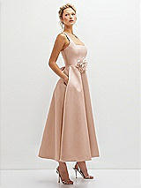 Side View Thumbnail - Cameo Square Neck Satin Midi Dress with Full Skirt & Flower Sash