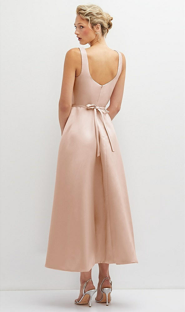 Back View - Cameo Square Neck Satin Midi Dress with Full Skirt & Flower Sash