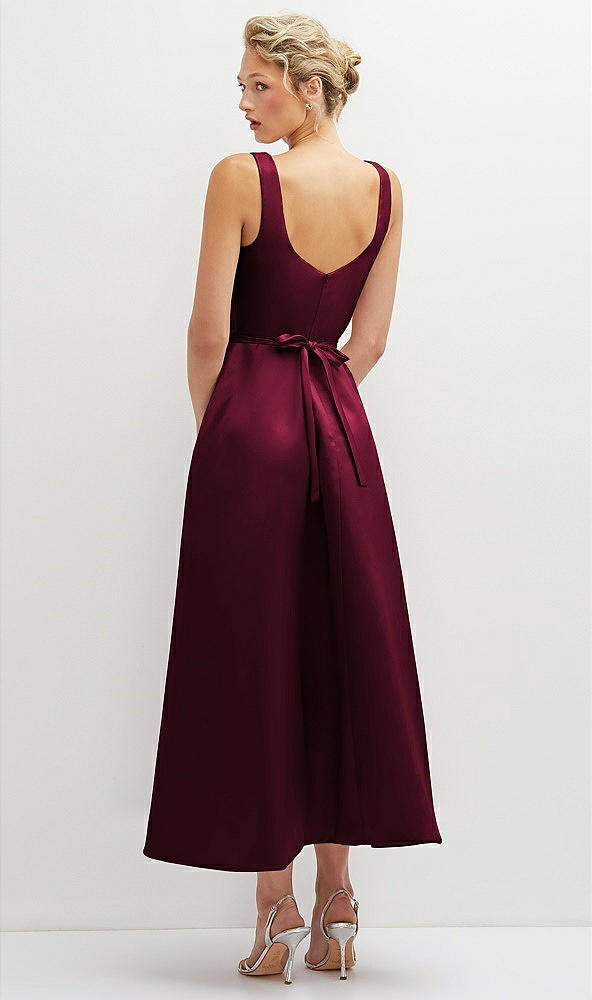 Back View - Cabernet Square Neck Satin Midi Dress with Full Skirt & Flower Sash