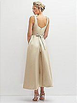 Rear View Thumbnail - Champagne Square Neck Satin Midi Dress with Full Skirt & Flower Sash