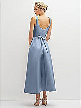 Rear View Thumbnail - Cloudy Square Neck Satin Midi Dress with Full Skirt & Flower Sash