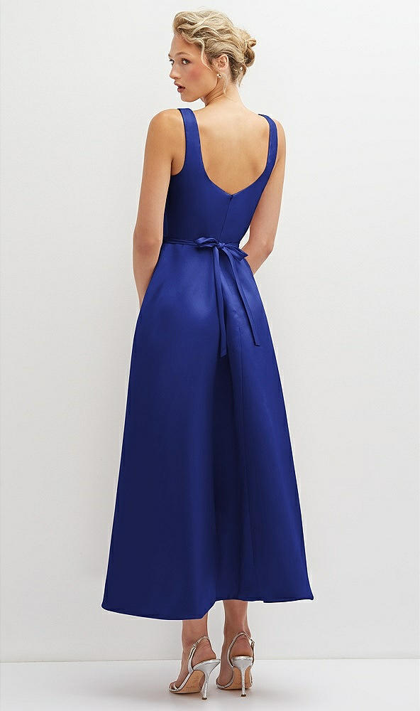 Back View - Cobalt Blue Square Neck Satin Midi Dress with Full Skirt & Flower Sash