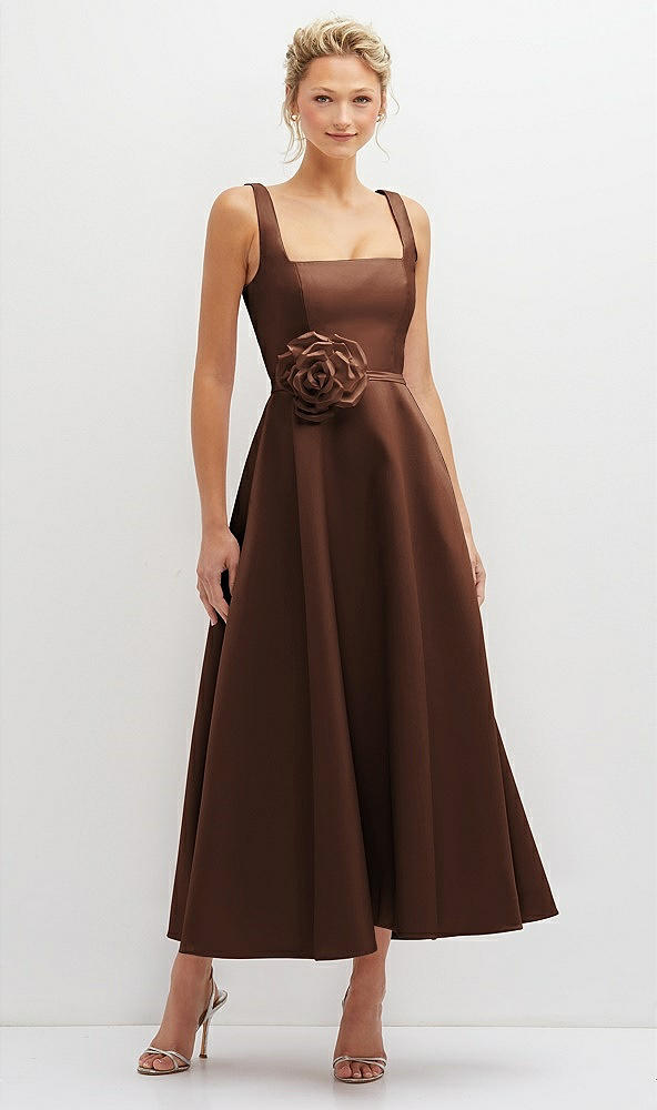 Front View - Cognac Square Neck Satin Midi Dress with Full Skirt & Flower Sash