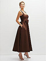 Side View Thumbnail - Cognac Square Neck Satin Midi Dress with Full Skirt & Flower Sash