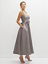 Side View Thumbnail - Cashmere Gray Square Neck Satin Midi Dress with Full Skirt & Flower Sash