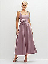 Front View Thumbnail - Dusty Rose Square Neck Satin Midi Dress with Full Skirt & Flower Sash