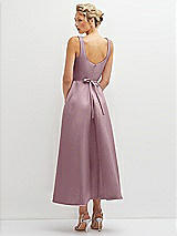 Rear View Thumbnail - Dusty Rose Square Neck Satin Midi Dress with Full Skirt & Flower Sash