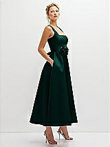 Side View Thumbnail - Evergreen Square Neck Satin Midi Dress with Full Skirt & Flower Sash