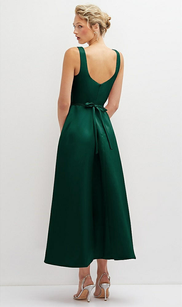 Back View - Hunter Green Square Neck Satin Midi Dress with Full Skirt & Flower Sash