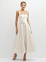 Front View Thumbnail - Ivory Square Neck Satin Midi Dress with Full Skirt & Flower Sash