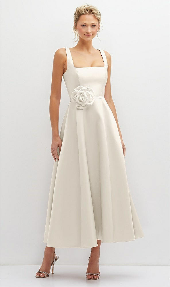 Front View - Ivory Square Neck Satin Midi Dress with Full Skirt & Flower Sash