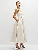 Side View Thumbnail - Ivory Square Neck Satin Midi Dress with Full Skirt & Flower Sash