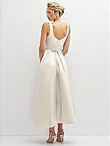 Rear View Thumbnail - Ivory Square Neck Satin Midi Dress with Full Skirt & Flower Sash