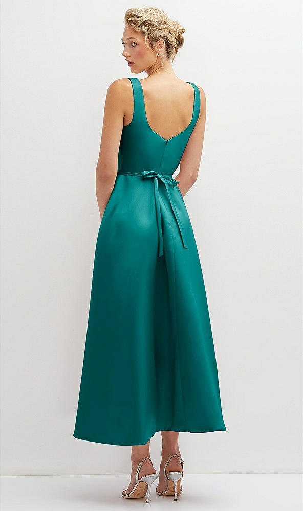 Back View - Jade Square Neck Satin Midi Dress with Full Skirt & Flower Sash