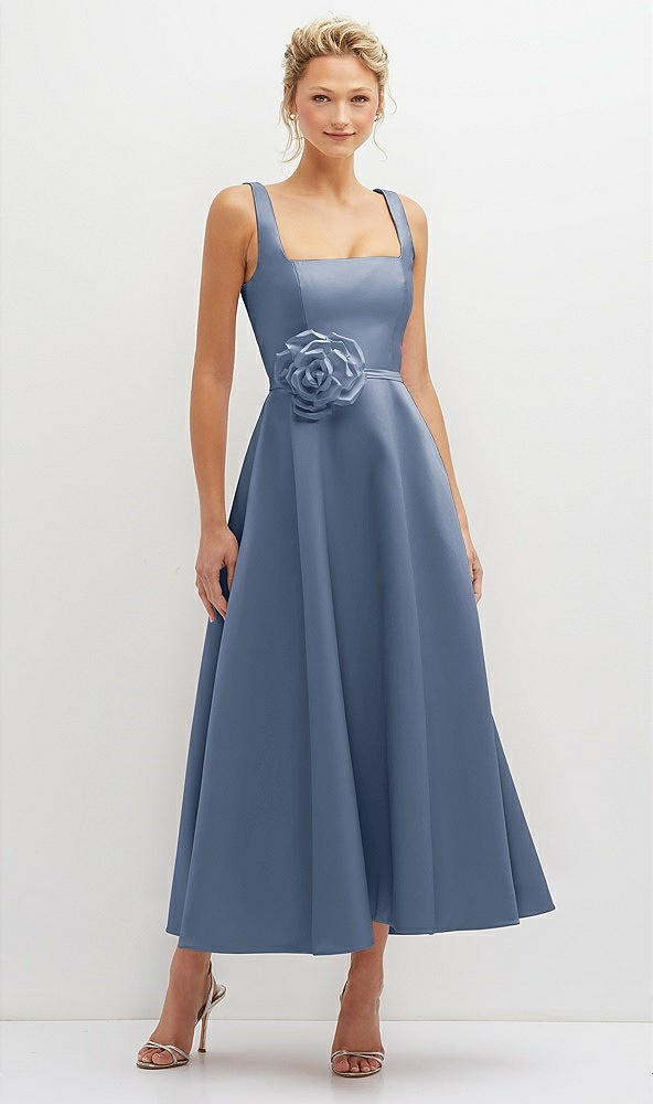 Front View - Larkspur Blue Square Neck Satin Midi Dress with Full Skirt & Flower Sash