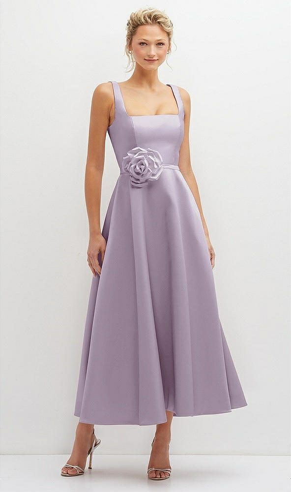 Front View - Lilac Haze Square Neck Satin Midi Dress with Full Skirt & Flower Sash