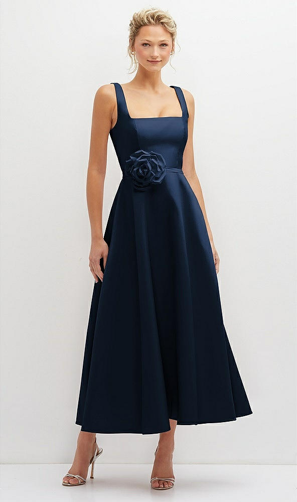 Front View - Midnight Navy Square Neck Satin Midi Dress with Full Skirt & Flower Sash