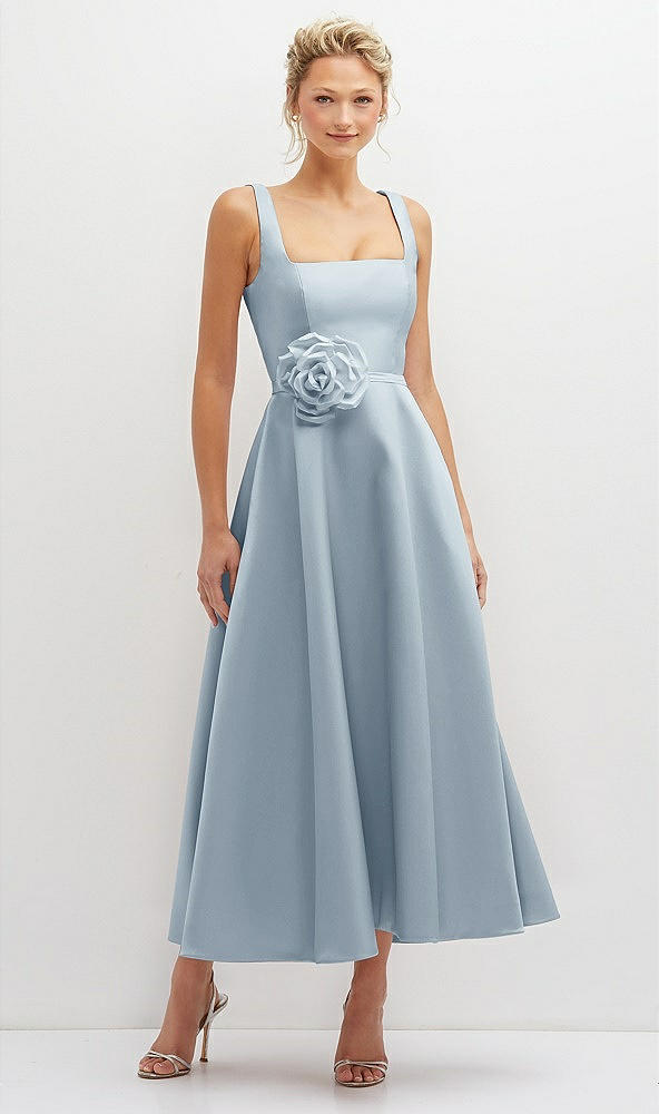 Front View - Mist Square Neck Satin Midi Dress with Full Skirt & Flower Sash