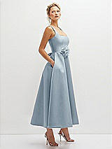 Side View Thumbnail - Mist Square Neck Satin Midi Dress with Full Skirt & Flower Sash