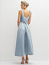 Rear View Thumbnail - Mist Square Neck Satin Midi Dress with Full Skirt & Flower Sash