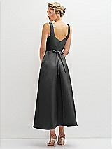 Rear View Thumbnail - Pewter Square Neck Satin Midi Dress with Full Skirt & Flower Sash