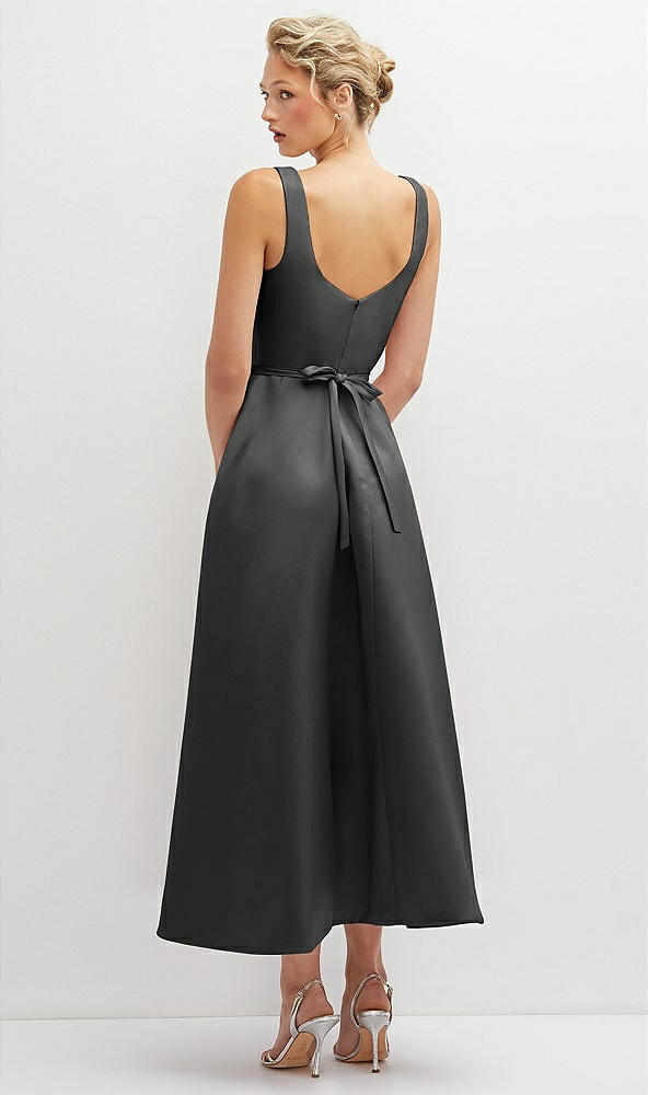 Back View - Pewter Square Neck Satin Midi Dress with Full Skirt & Flower Sash