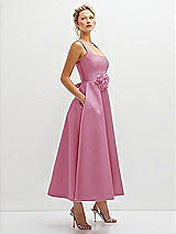 Side View Thumbnail - Powder Pink Square Neck Satin Midi Dress with Full Skirt & Flower Sash