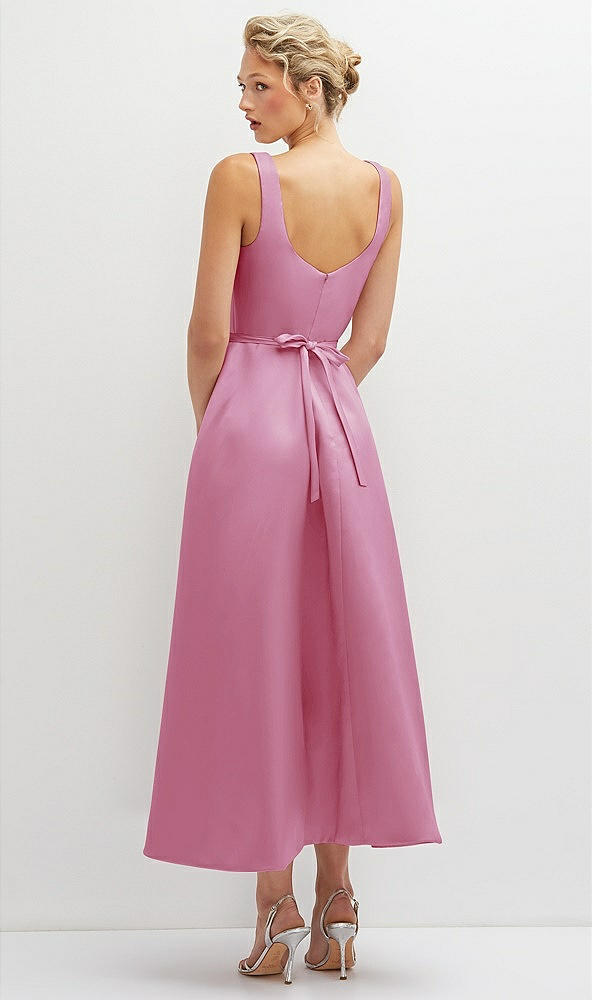 Back View - Powder Pink Square Neck Satin Midi Dress with Full Skirt & Flower Sash