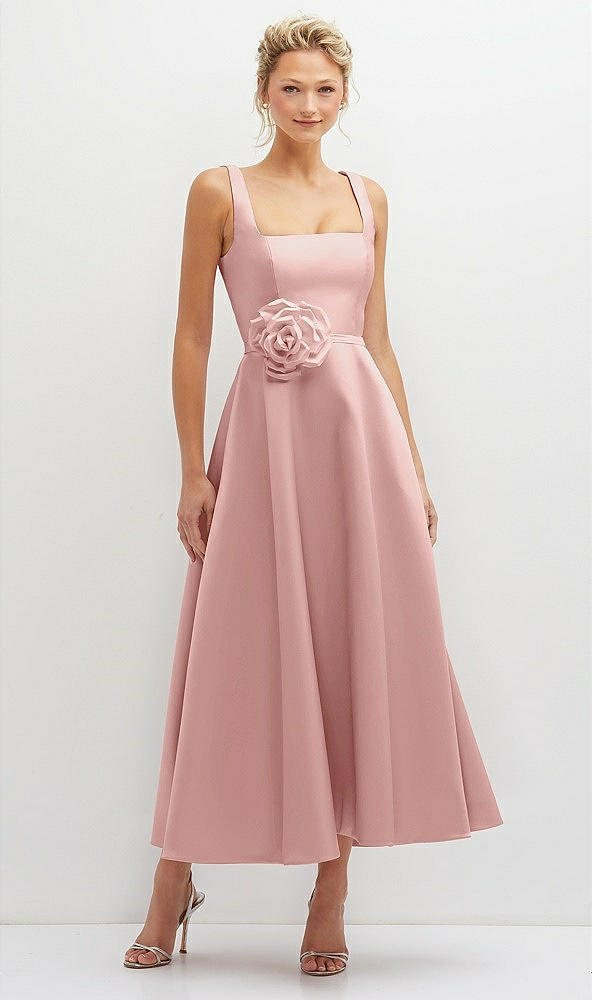 Front View - Rose - PANTONE Rose Quartz Square Neck Satin Midi Dress with Full Skirt & Flower Sash