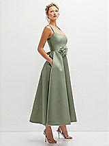 Side View Thumbnail - Sage Square Neck Satin Midi Dress with Full Skirt & Flower Sash