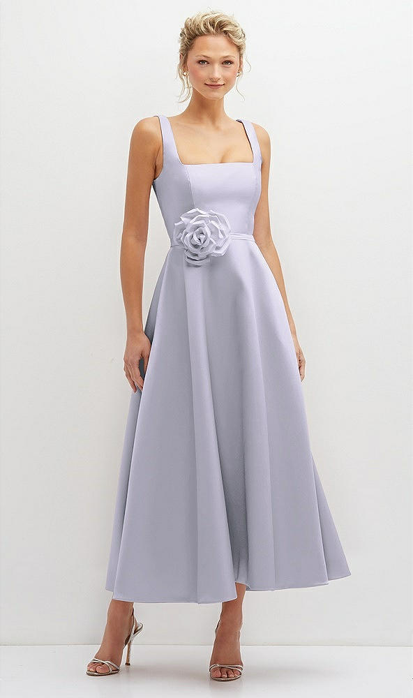 Front View - Silver Dove Square Neck Satin Midi Dress with Full Skirt & Flower Sash