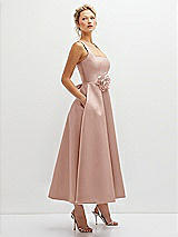 Side View Thumbnail - Toasted Sugar Square Neck Satin Midi Dress with Full Skirt & Flower Sash