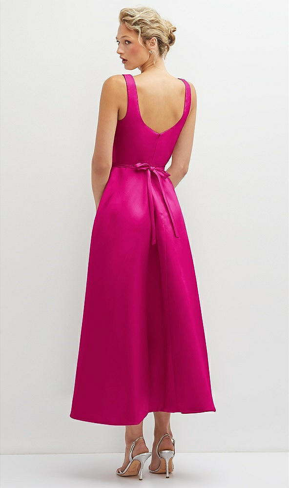 Back View - Think Pink Square Neck Satin Midi Dress with Full Skirt & Flower Sash