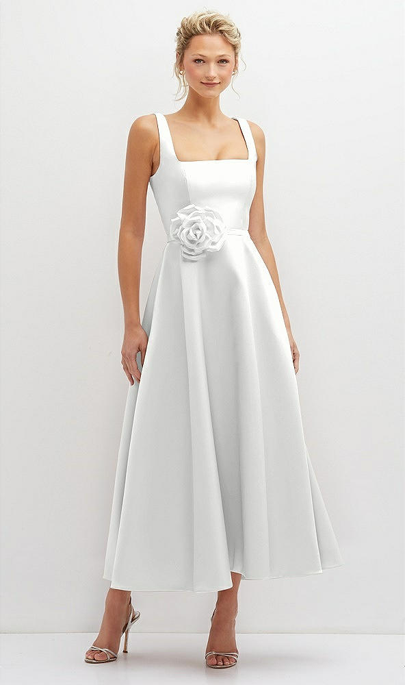 Front View - White Square Neck Satin Midi Dress with Full Skirt & Flower Sash