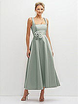 Front View Thumbnail - Willow Green Square Neck Satin Midi Dress with Full Skirt & Flower Sash