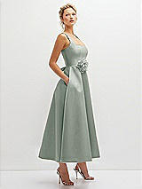 Side View Thumbnail - Willow Green Square Neck Satin Midi Dress with Full Skirt & Flower Sash