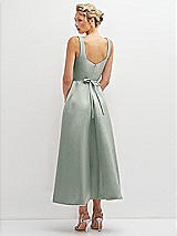 Rear View Thumbnail - Willow Green Square Neck Satin Midi Dress with Full Skirt & Flower Sash