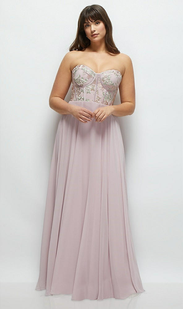 Front View - Suede Rose Strapless Floral Embroidered Corset Maxi Dress with Chiffon Skirt