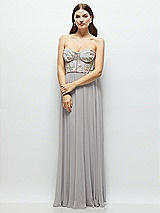 Front View Thumbnail - Cashmere Gray Strapless Floral Embroidered Corset Maxi Dress with Chiffon Skirt